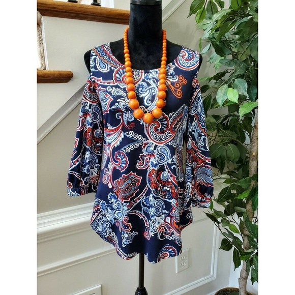 New Directions Women's Blue Cotton Cold Shoulder Sleeve Round Neck Blouse Size M - Picture 10 of 10